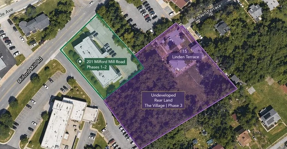 Aerial view of the project site: 201 Milford Mill Road for phases 1 and 2, and 15 Linden Terrace with the undeveloped rear land for the Village, phase 3.